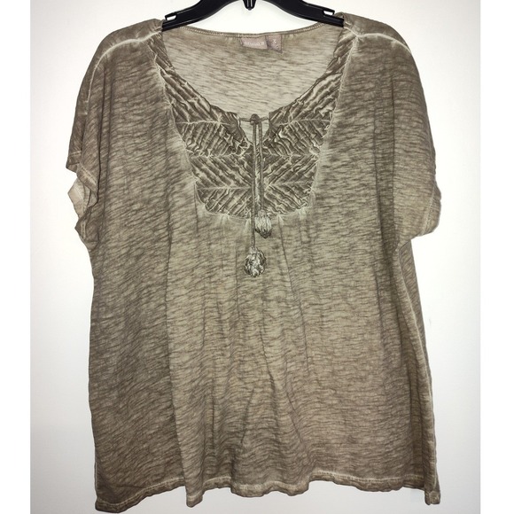Chico's Tops - Chicos Size 3 Large XL Taupe Olive Burnout Tassel Tie Neck ShorSleeve Top Cotton